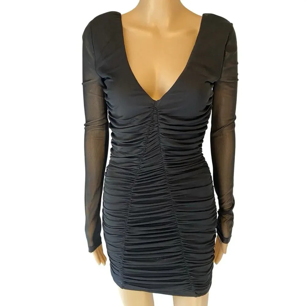 FOREVER 21 BLACK MESH RUCHED LONG SLV DRESS BODYCON GOTH LADY S PARTY COCKTAIL